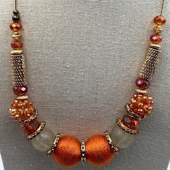 Beaded Necklace & Hinged Bracelet Set Orange & Gold Tone Statement Jewelry - Picture 2 of 8